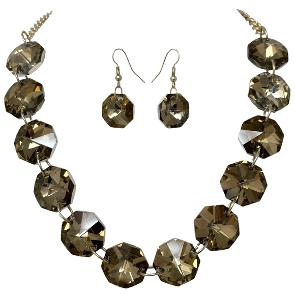 Fashion Jewelry Jewelry - Topaz Color Glass Octagon Beaded Necklace Earrings Set